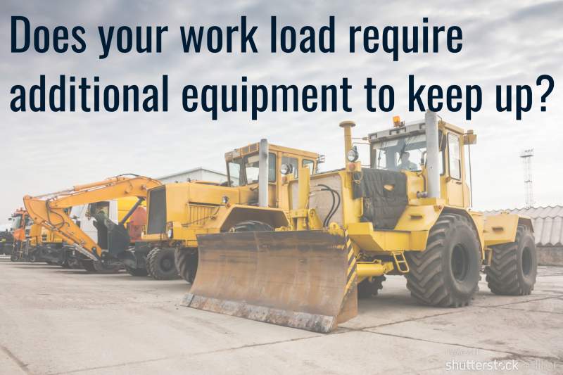 Line of yellow heavy machinery including loaders and excavators on a paved lot with a large caption asking about the need for additional equipment.